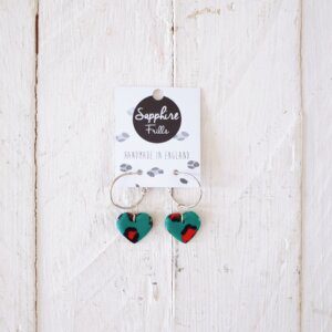 Green/Red Leopard Heart Silver Hoop Earrings